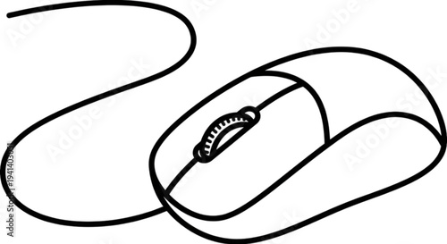 A clean outline vector image of a modern computer mouse with a scroll wheel and cord, ideal for technology and hardware design projects.