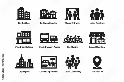 Urban Shared Living. Solid icon set of Urban Shared Living: city building, co-living complex, shared entrance, urban residents, mixed-use building, public