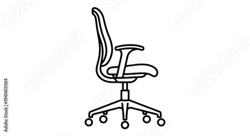 A detailed side-view vector image of an ergonomic office chair featuring armrests and wheels, suitable for professional workspace and interior design illustrations.