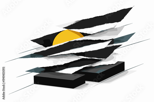 Stacked black-and-white torn paper strips forming a dynamic zigzag pattern, bright yellow circular accent partially hidden between layers, contrasting black