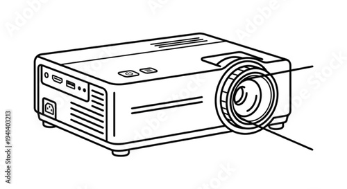Detailed technical line art vector image of a multimedia digital projector displaying light beams for business presentations, classroom education, or home cinema movie nights.
