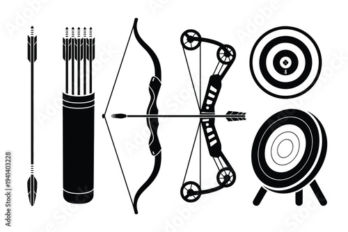 Bow arrow icon set illustration, clean vector archery equipment icons including bow arrow sight quiver and target for sport hunting and training graphics.