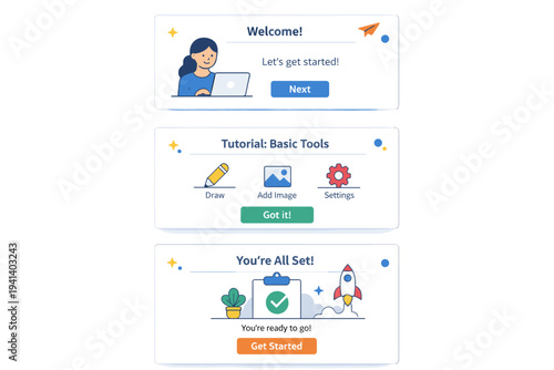Product onboarding workflow shown through stacked interface panels appearing one after another representing gradual learning and reduced friction. The mood is