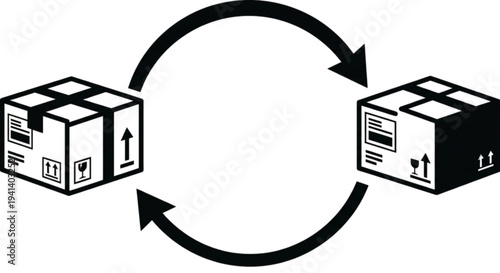 Logistics and recycling vector image depicting two cardboard boxes connected by circular arrows showing the process of product return, exchange, or sustainable packaging cycles.