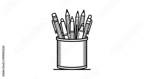 Minimalist black and white vector image featuring a desk organizer cup filled with various pens, pencils, and office supplies for creative work environments.