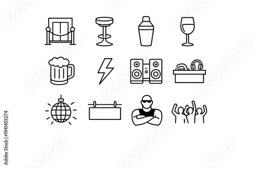 Nightclubs & Bars. Line icon set of Nightclubs & Bars: nightclub entrance, bar stool, cocktail shaker, wine glass, beer mug, neon lightning, speaker system, DJ