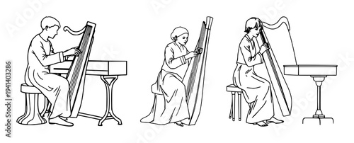 Harpsichordist set with continuous line illustration depicting a Baroque musician playing a harpsichord featuring minimalist thin line, white background, music, illustration with instrument