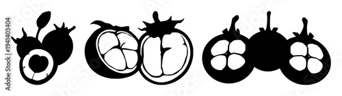 Mangosteen cross-section set with solid black silhouette on white background featuring laboratory-grown, exotic, future food with fruit and biology