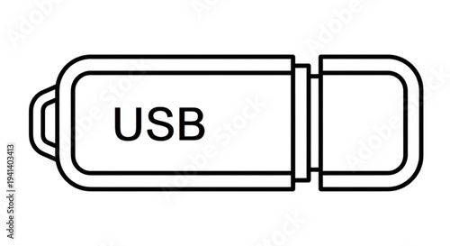 A minimalist black and white vector image of a USB flash drive storage device featuring a protective cap and a small lanyard hole.