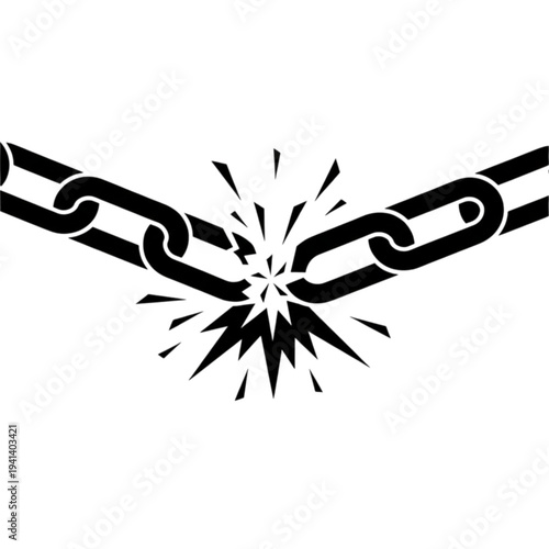 A high contrast black and white vector image illustrating a heavy metal chain breaking apart in the middle with sharp fragments and sparks.