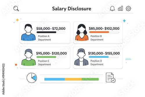 Public salary disclosure. A modern editorial scene of anonymized salary ranges displayed on a clean dashboard. The mood feels neutral and