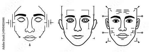 Facial recognition scan icon set with biometric security theme featuring clean technical style, cyber security and white background