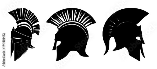 Roman centurion helmet set with a solid black silhouette featuring ancient warrior, imperial guard, historical armor with military headwear and sharp crest detail