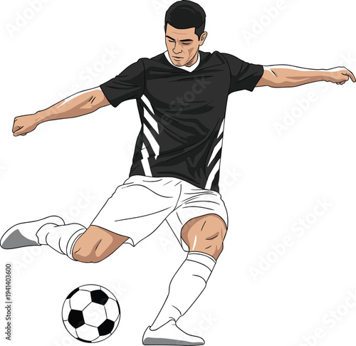 Professional soccer player in black and white kit kicking a ball during a match isolated on white background vector illustration