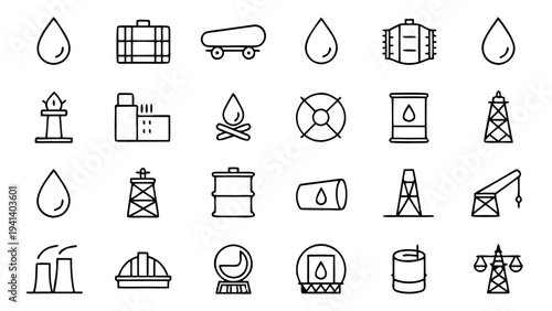 Set of thirty thin outline icons for the business side of the oil industry featuring barrels of crude oil and fuel pumps on a black background.