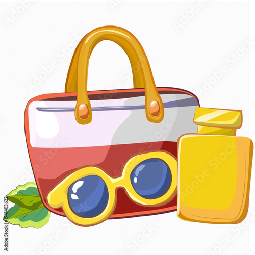 Flat vector illustration of a stylish beach tote bag with sunglasses and a bottle of sunblock, featuring a clean minimalist design for summer vacation and travel concepts.