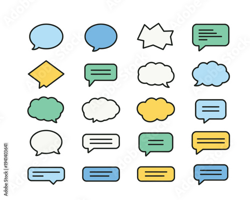 Speech bubble doodle set illustration, colorful hand drawn style speech bubbles thought clouds and dialogue boxes with bold black outlines for comic and chat design.