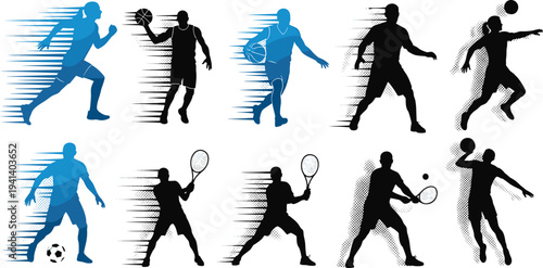 Set of dynamic sport silhouettes featuring running basketball soccer tennis and volleyball players with motion blur effects for athletic design