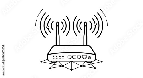 A stylized vector image of a wireless router with antennas emitting signals over a network grid to illustrate internet connectivity and home networking.