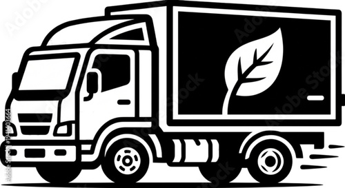 A detailed vector image showing a delivery truck with a leaf symbol on the side to represent eco-friendly logistics and green transportation services.