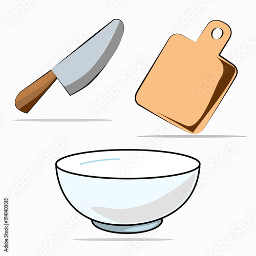 Flat vector illustration collection of food preparation tools including a kitchen knife, wooden cutting board, and ceramic bowl, ideal for cooking and culinary designs.