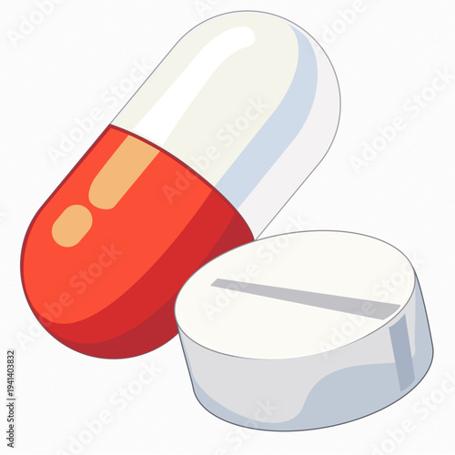 Flat vector illustration of a medical capsule and a round tablet pill, ideal for healthcare, pharmacy, and pharmaceutical treatment icons.