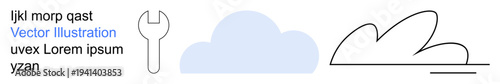Technology, cloud computing, engineering tools, creativity, design concepts, workflow. A cloud icon, wrench and abstract line art. Cloud computing and engineering tools