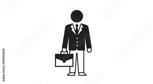 Solid black vector image of a standing businessman in a formal suit holding a professional briefcase for corporate travel and work commute.