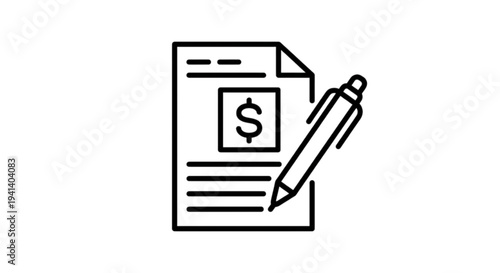 Financial vector image of a document featuring a dollar sign and a pen ready for signing a business contract or invoice payment.
