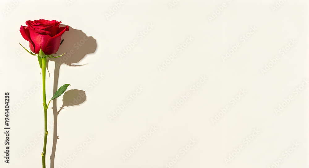 Obraz premium A single red rose casting a delicate shadow against a plain background