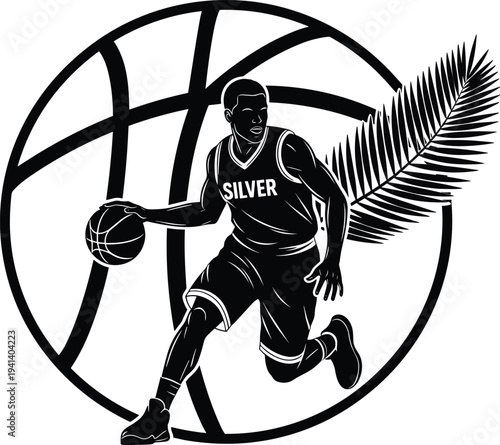 Vector illustration of a basketball player dribbling in front of a large ball and palm leaf for tropical sports design