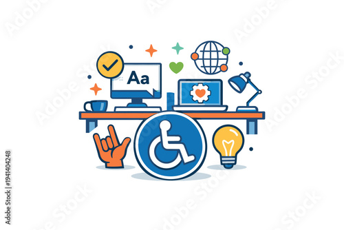 Accessibility at work creating supportive environments where every team member can contribute fully. A central desk setup incorporates a wheelchair symbol,