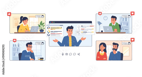 Set of 5 flat design video conference icons vector