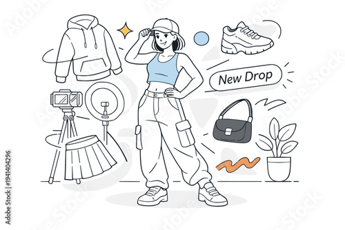 Content Creator Outfit Showcase. A confident influencer posing in front of a minimal camera setup, clothing pieces floating around like curated picks. Small
