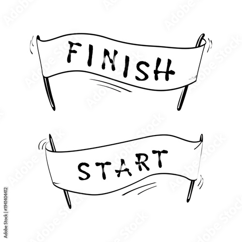 Start and finish banners for sporting events. Black and white illustration in doodle style.