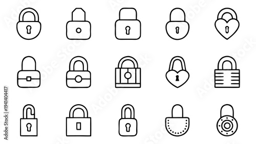 Fifteen white line icons showing digital security features like biometric locks are displayed in a grid on a uniform black background surface.