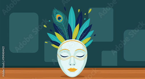 Serene white mask with vibrant peacock feathers on head closed eyes yellow lips against dark green background with rectangles wooden surface