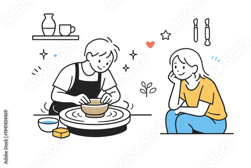 Pottery wheel workshop. A person shaping a clay bowl on a pottery wheel while a friend watches with a smile, small motion lines showing the spinning movement.