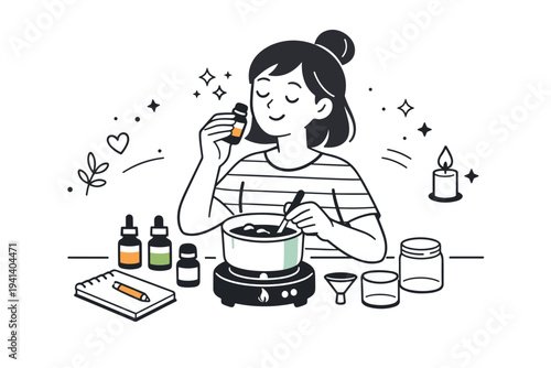 Scent blending moment. A character smelling a small fragrance bottle while mixing essential oils into melted wax, with tiny star icons suggesting aroma. The