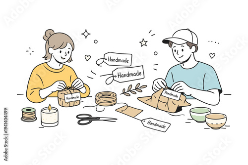 Handmade gift exchange. Friends wrapping freshly made candles and small ceramic bowls in simple paper, adding tags labeled ?Handmade.? The scene expresses