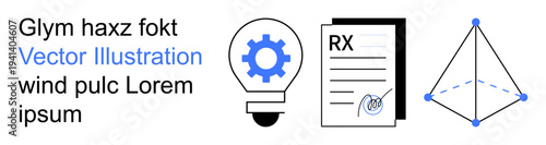 Innovation, documentation, creativity, technology, abstract geometry, problem-solving. Lightbulb with gear, RX file geometric pyramid diagram. Innovation and documentation concept