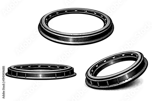 Observatory dome base ring A realistic observatory dome base ring with circular track and support rim, shown in three views including top view, side profile,