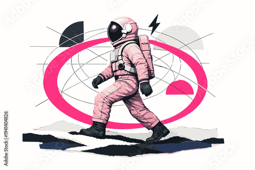 Black and white side-view astronaut in soft pink suit stepping forward on minimal abstract ground, bold hot pink arc wrapping around the figure, fine crossing