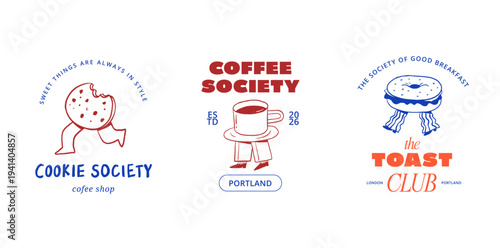 Whimsical hand drawn cafe, bakery and patisserie vintage cartoon logos collection