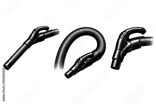 Vacuum cleaner hose and handle, a realistic vacuum cleaner hose with handle shown extended, curved, and side profile as three object representations