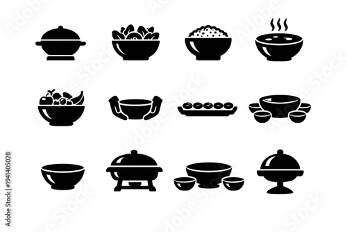 Serving Bowl. Solid icon set of Serving Bowl: serving bowl center, bowl with salad, bowl with rice, bowl with soup, bowl with fruit, shared bowl, table