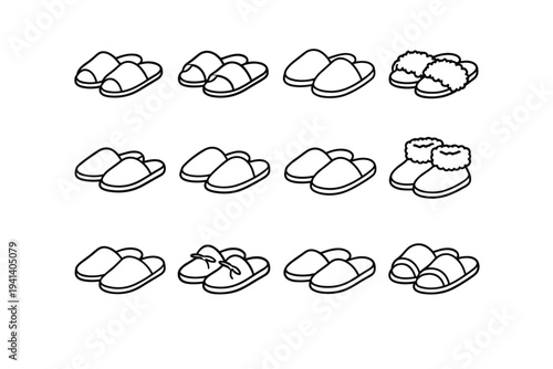 Slippers. Line icon set of Slippers: house slippers, open toe slippers, closed toe slippers, fluffy slippers, slip on slippers, hotel slippers, soft sole