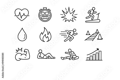 Cardio training. Line icon set of Cardio training: heart rate monitor, interval timer, high intensity burst, endurance training, sweat drop, calorie burn, fast