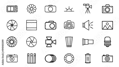 Fifteen white linear icons depicting film reels and umbrellas are displayed in a neat three by five grid on a solid black background.