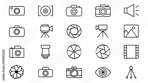 Fifteen white outline icons of studio lighting equipment and camera lenses are centered on a black background for technical illustration.